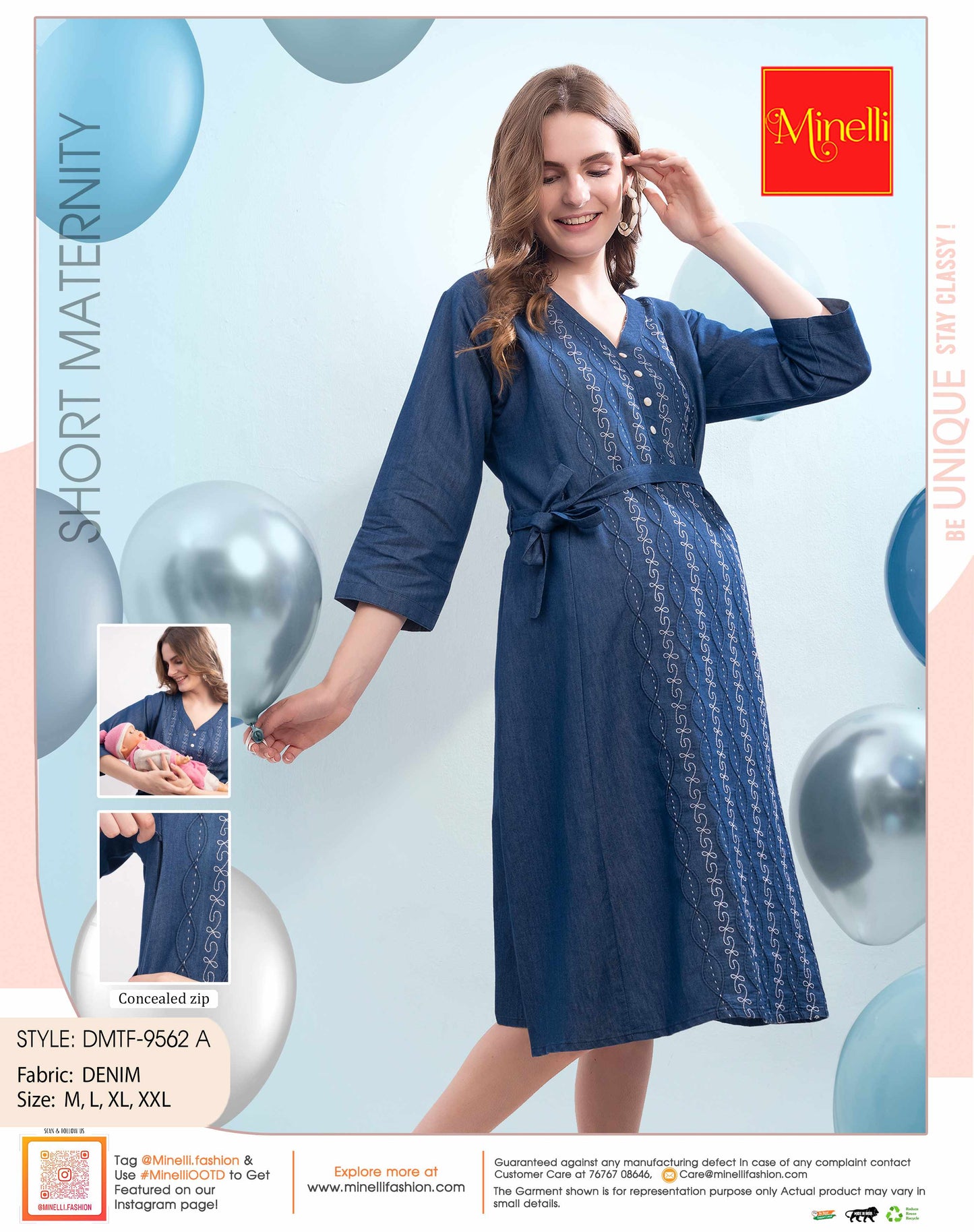 Womens Denim Maternity Short Gown - Blue