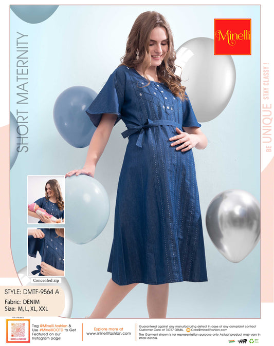 Womens Denim Maternity Short Gown - Blue