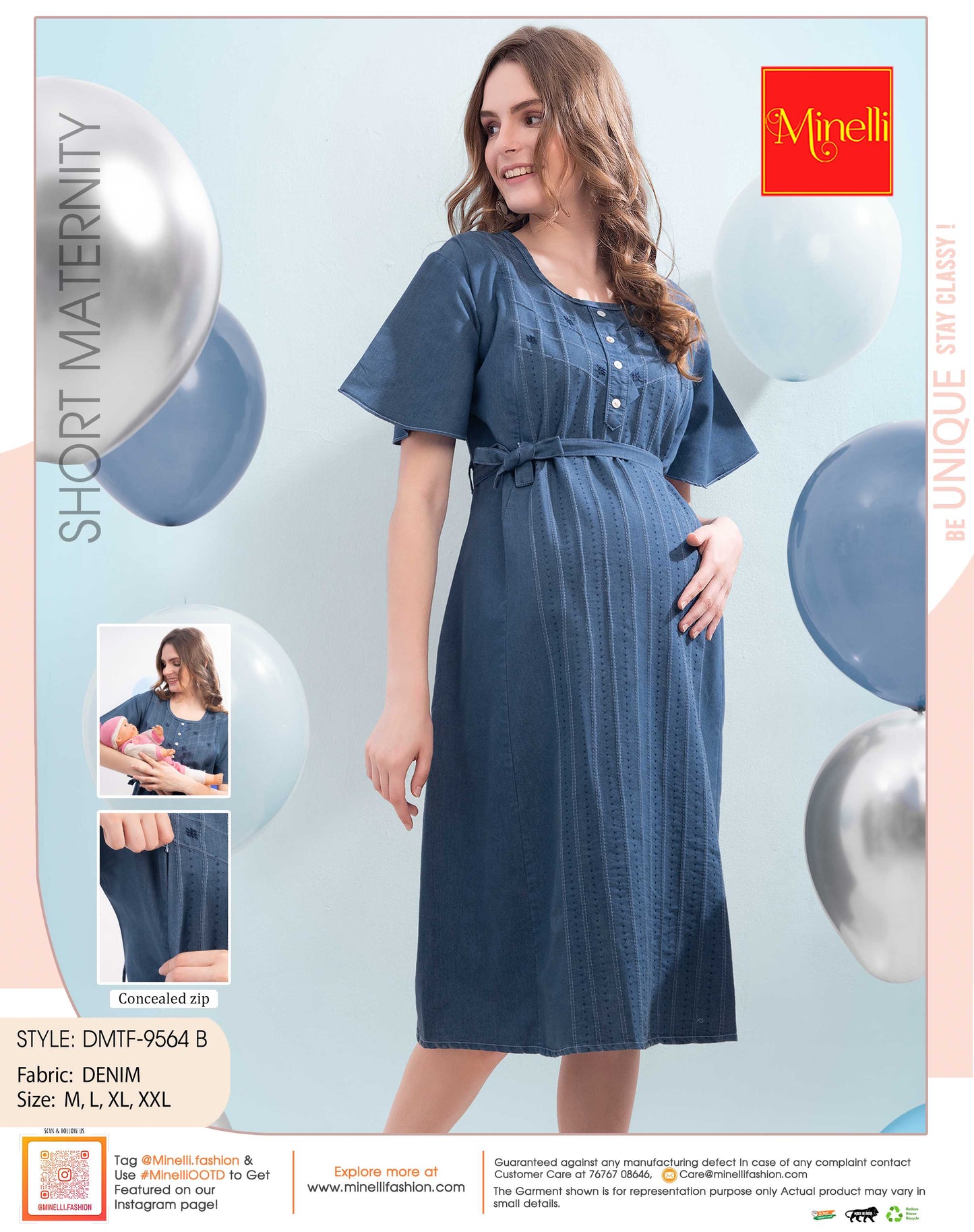 Womens Denim Maternity Short Gown - L.Blue