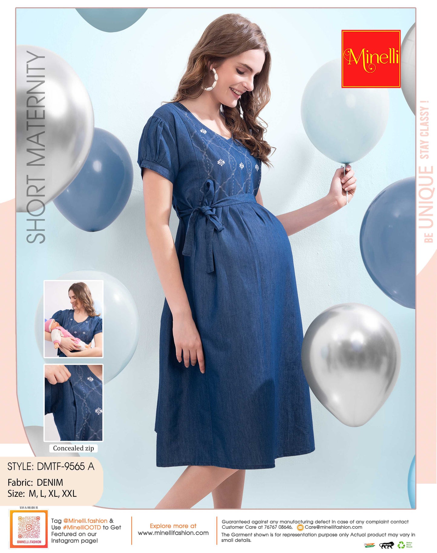 Womens Denim Maternity Short Gown - Blue