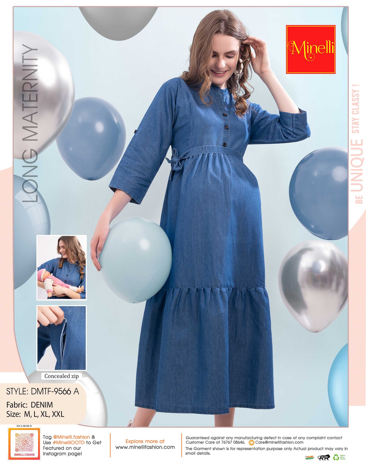 Womens Denim Maternity Long Gown - L.Blue