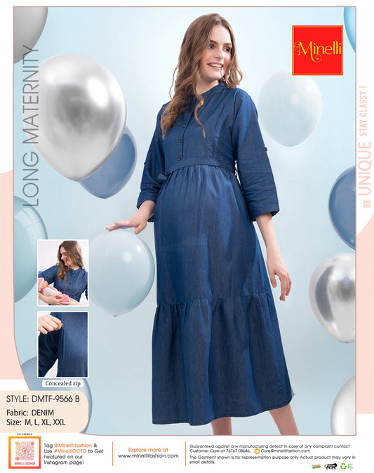 Womens Denim Maternity Long Gown - Blue