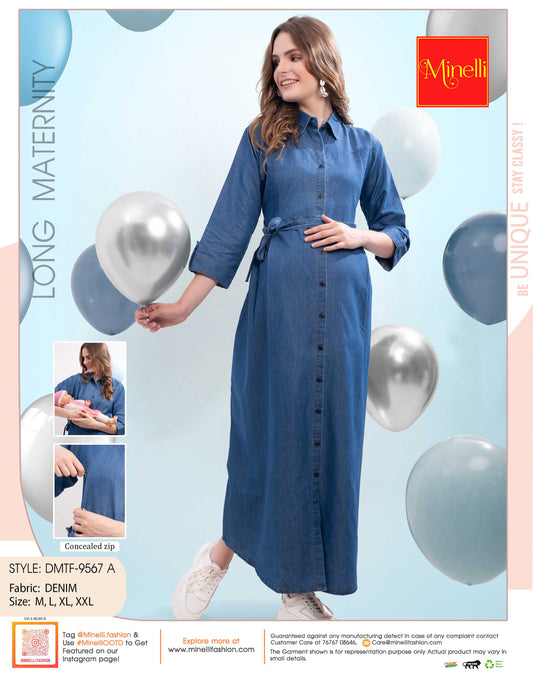 Womens Denim Maternity Long Gown - L.Blue