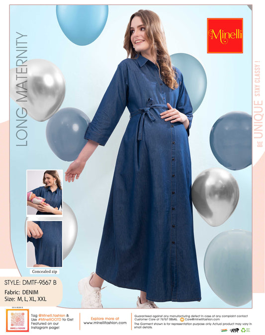 Womens Denim Maternity Long Gown - Blue