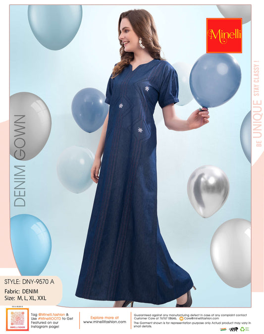 Womens Denim Long Gown - D.Blue