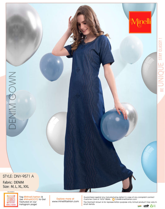 Womens Denim Long Gown - D.Blue