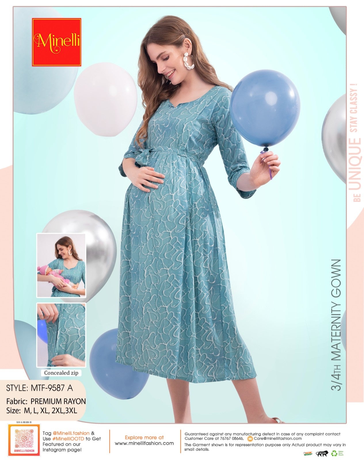 Turquoise-Colored Maternity 3/4th Gown