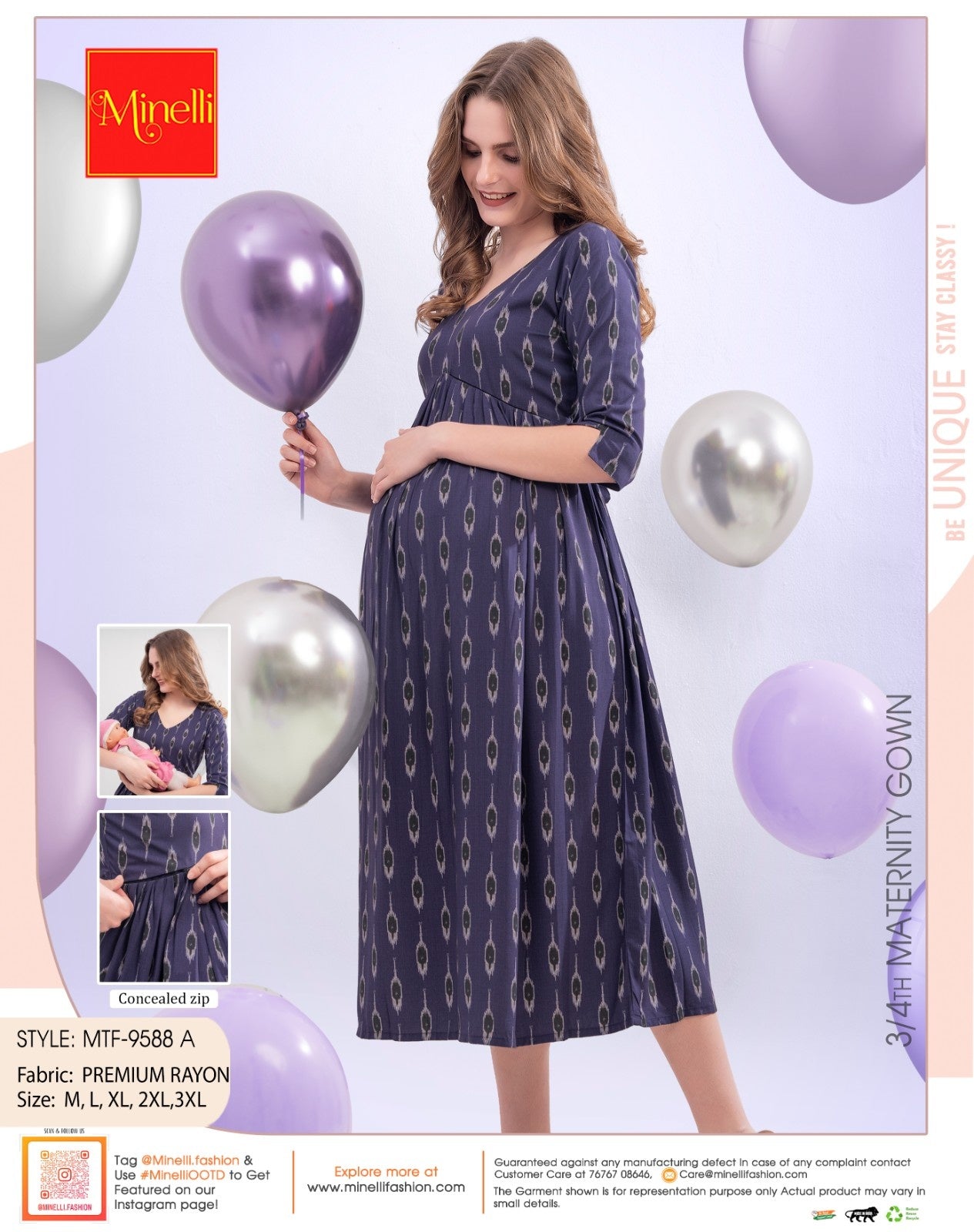 Purple-Colored Maternity 3/4th Gown