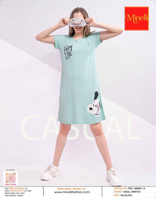 Aqua-Colored Printed Short Nightdress