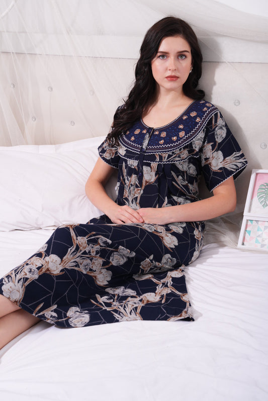 Navy Blue-Colored Alpine Pleated Nightdress