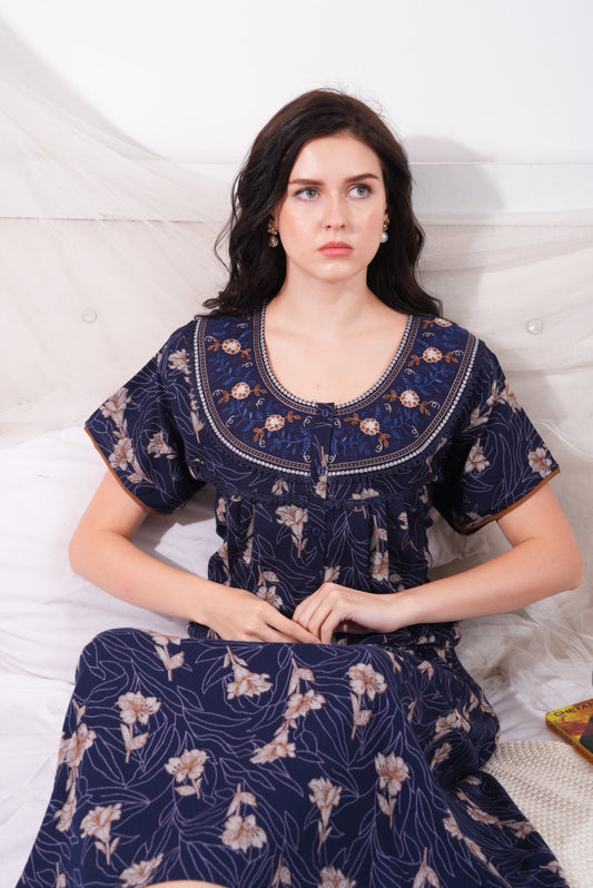 Navy Blue-Colored Alpine Pleated Nightdress