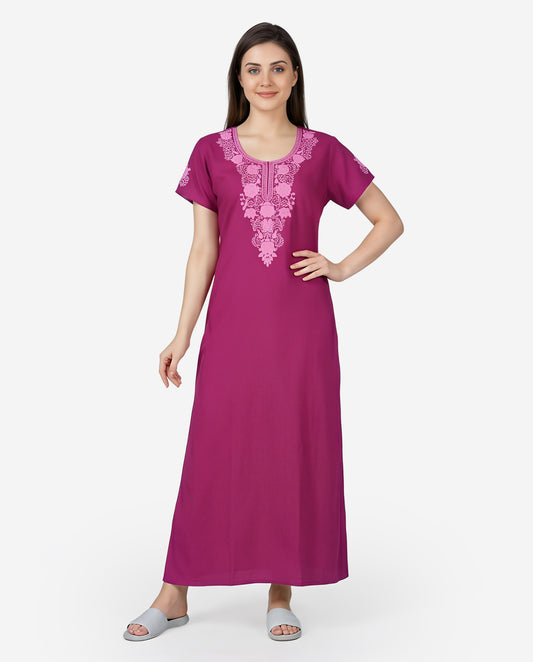 Womens Embroidered A-Line Nightdress - Fuchsia