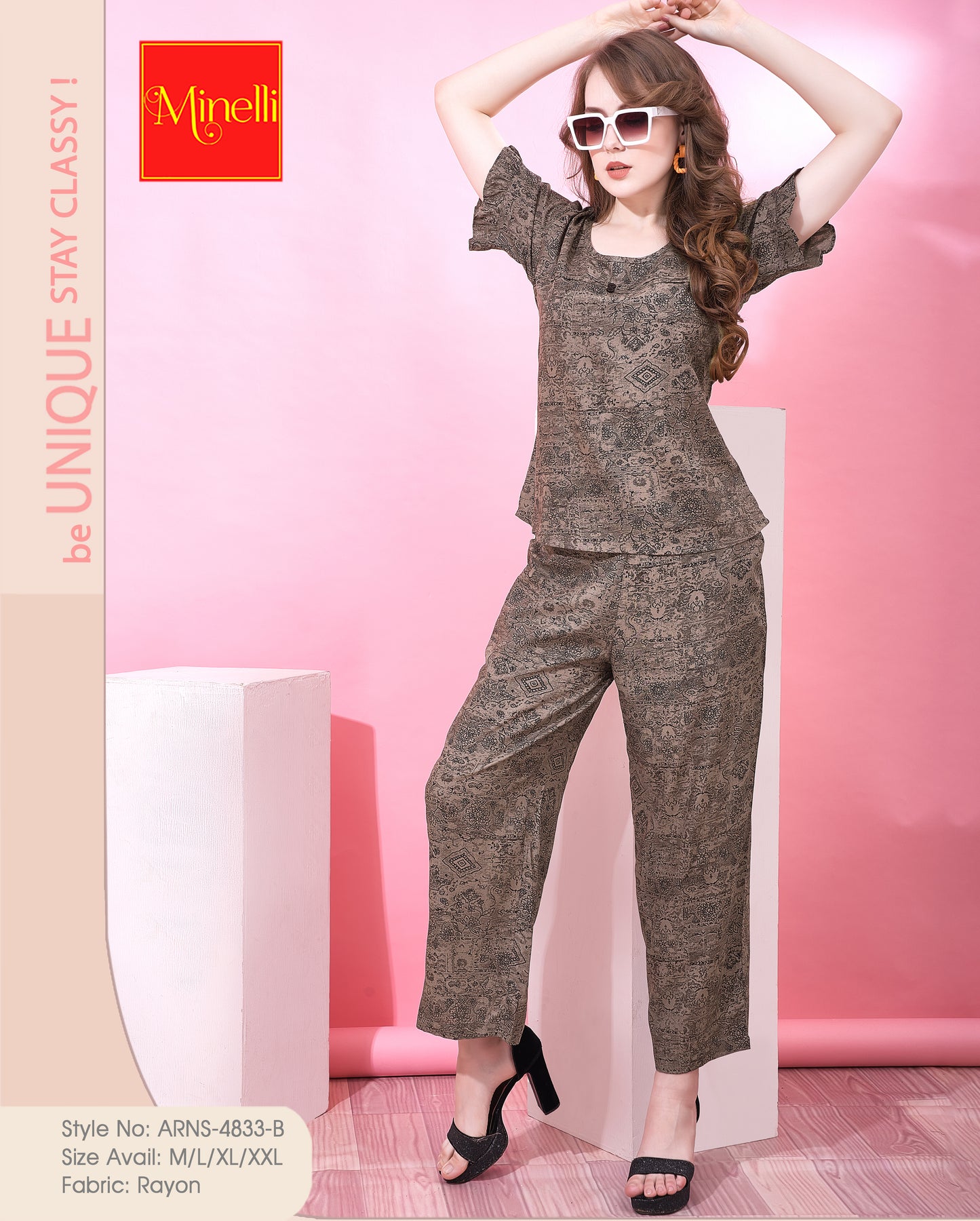 Womens Printed Co Ord Set - Brown