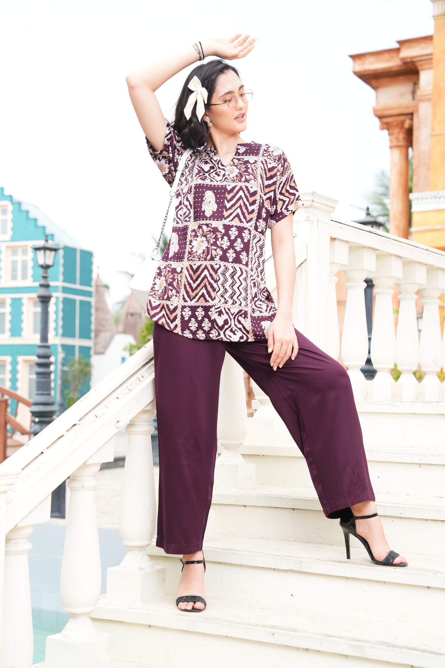 Wine-Colored Printed Co-Ord Set