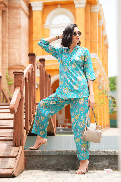 Turquoise-Colored Printed Co-Ord Set