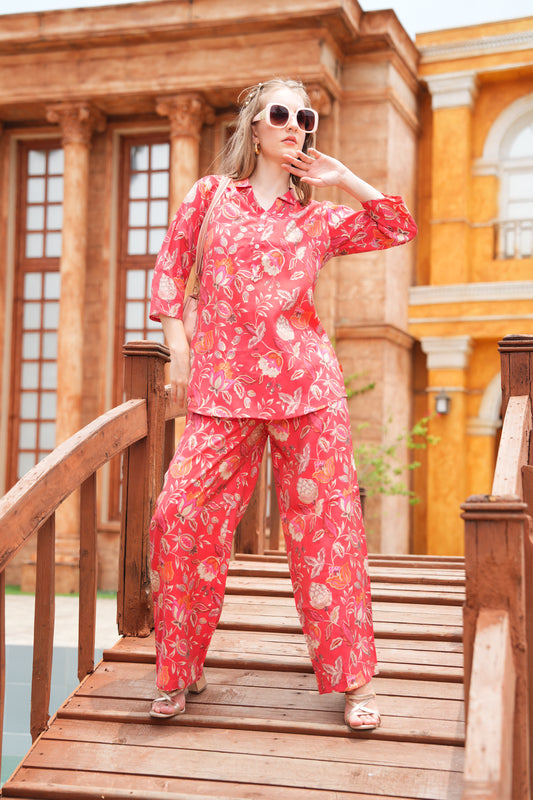 Coral Red-Colored Printed Co-Ord Set