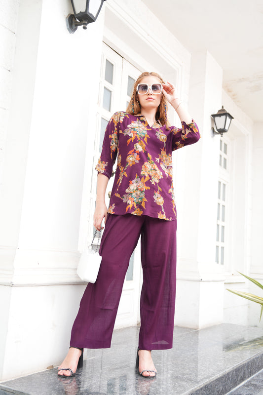 Magenta-Colored Printed Co-Ord Set