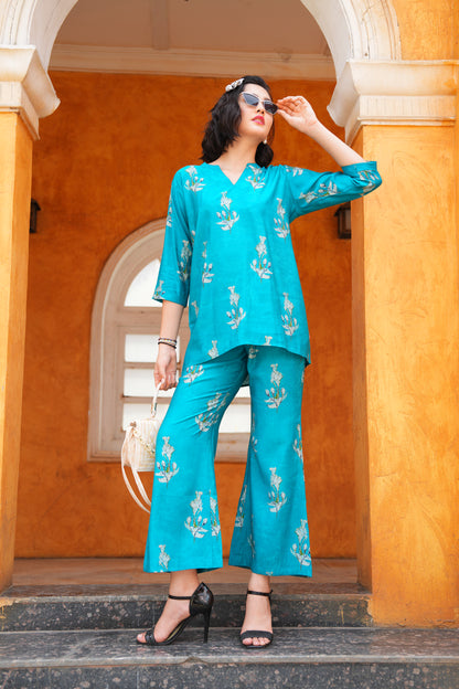 Sea Green-Colored Printed Co-Ord Set