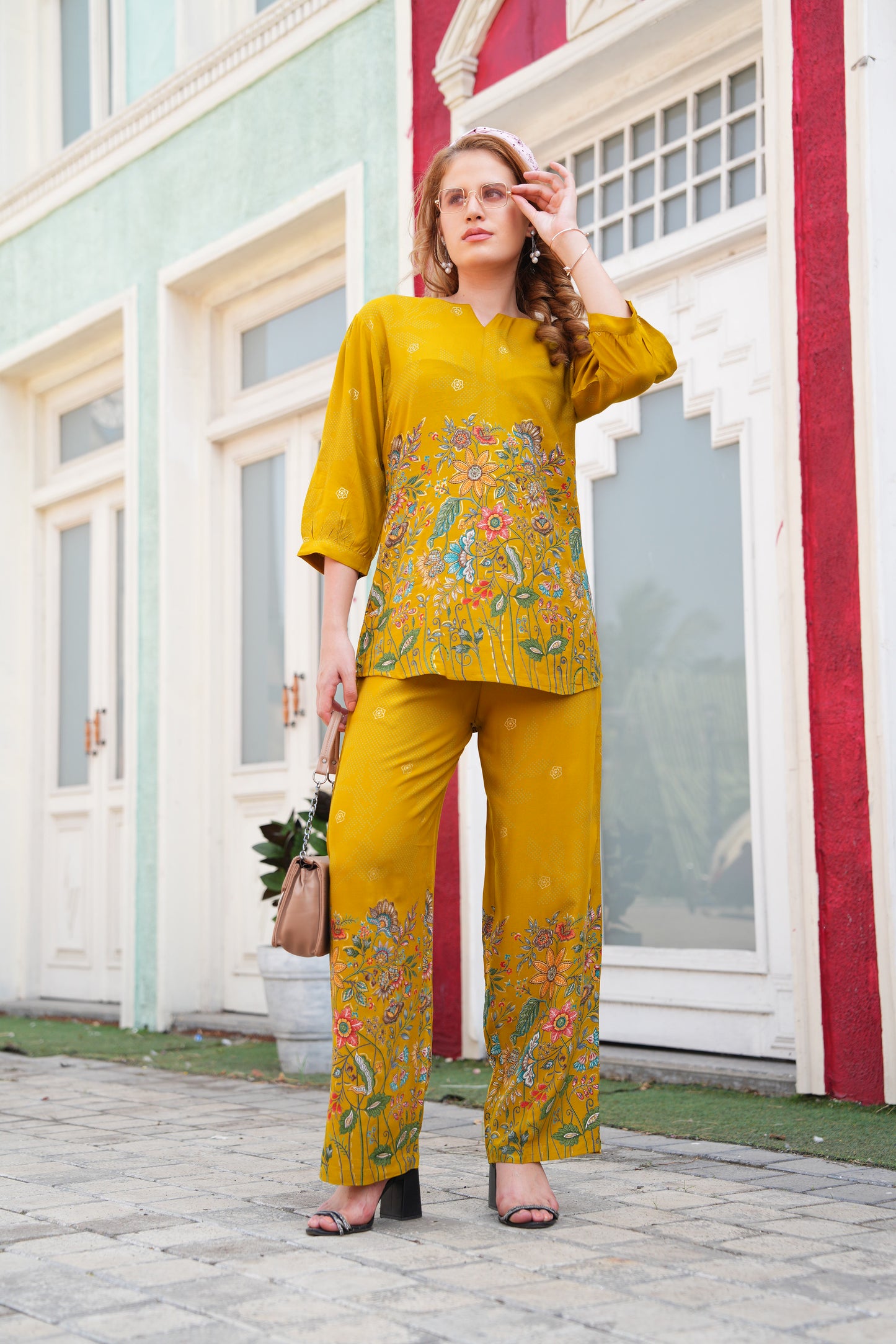 Burnt Yellow-Colored Printed Co-Ord Set