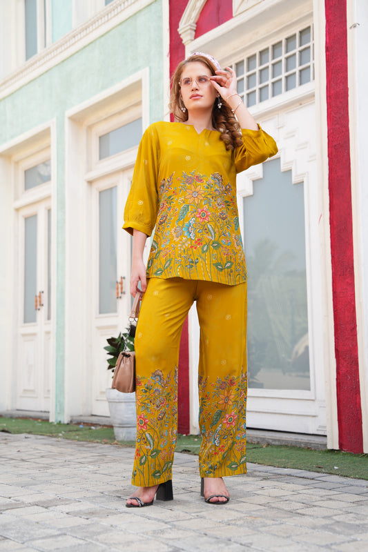Burnt Yellow-Colored Printed Co-Ord Set