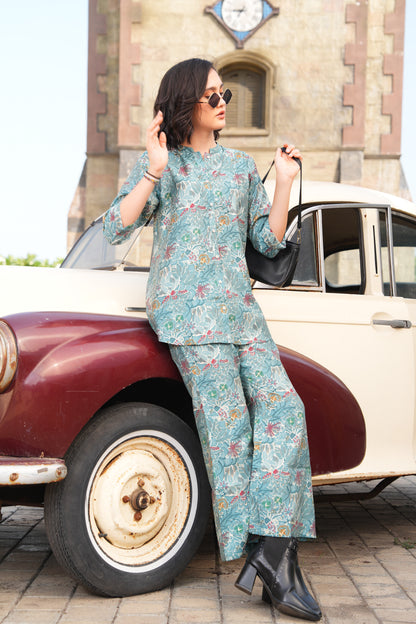 Pale Aqua-Colored Printed Co-Ord Set