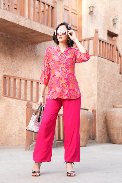 Fuchsia-Colored Printed Co-Ord Set