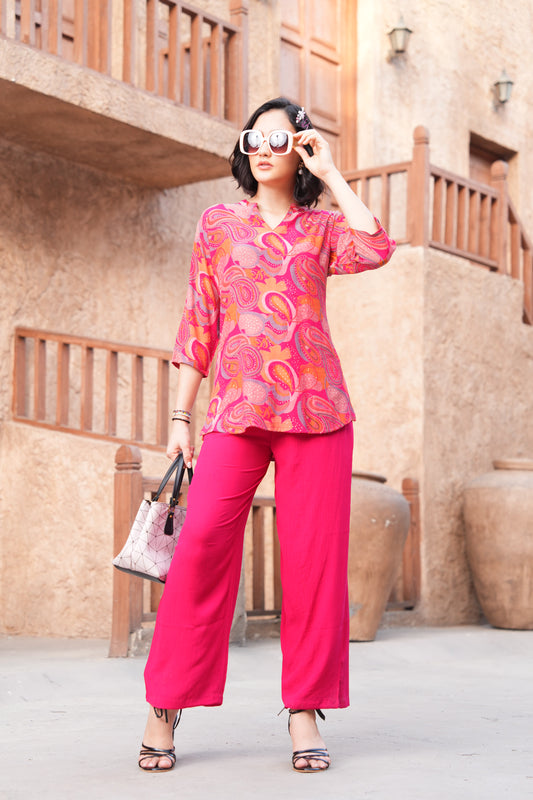 Fuchsia-Colored Printed Co-Ord Set