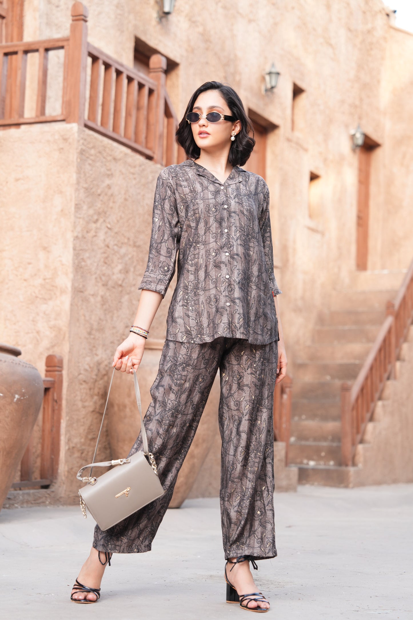 Coffee-Colored Printed Co-Ord Set