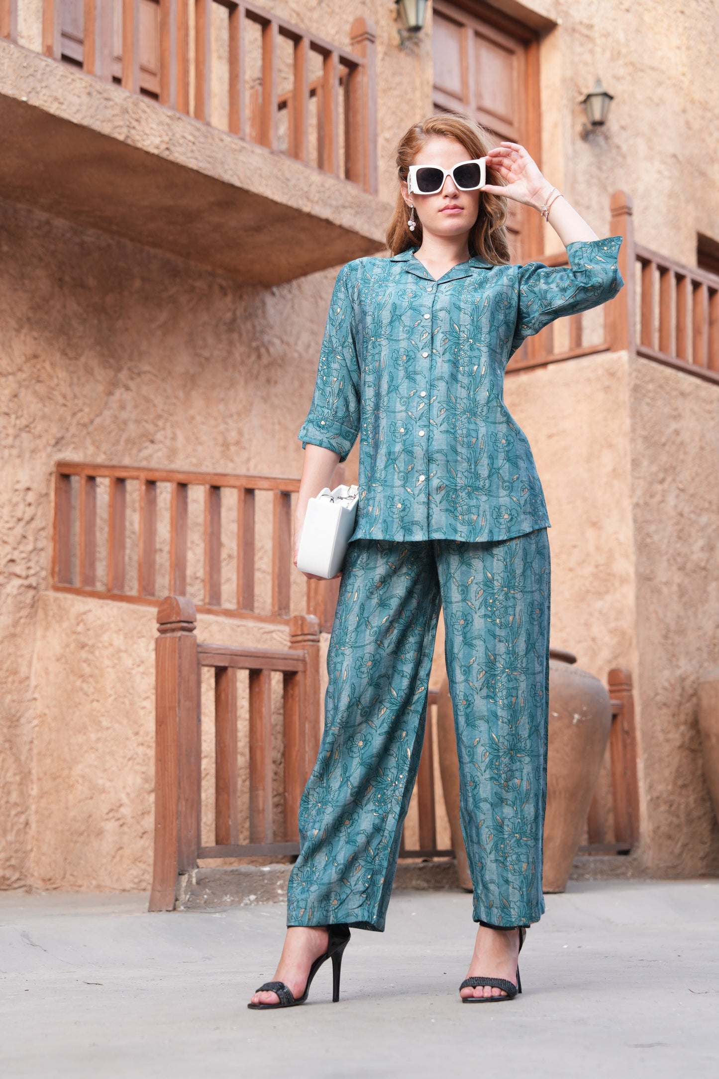 Sea Green-Colored Printed Co-Ord Set