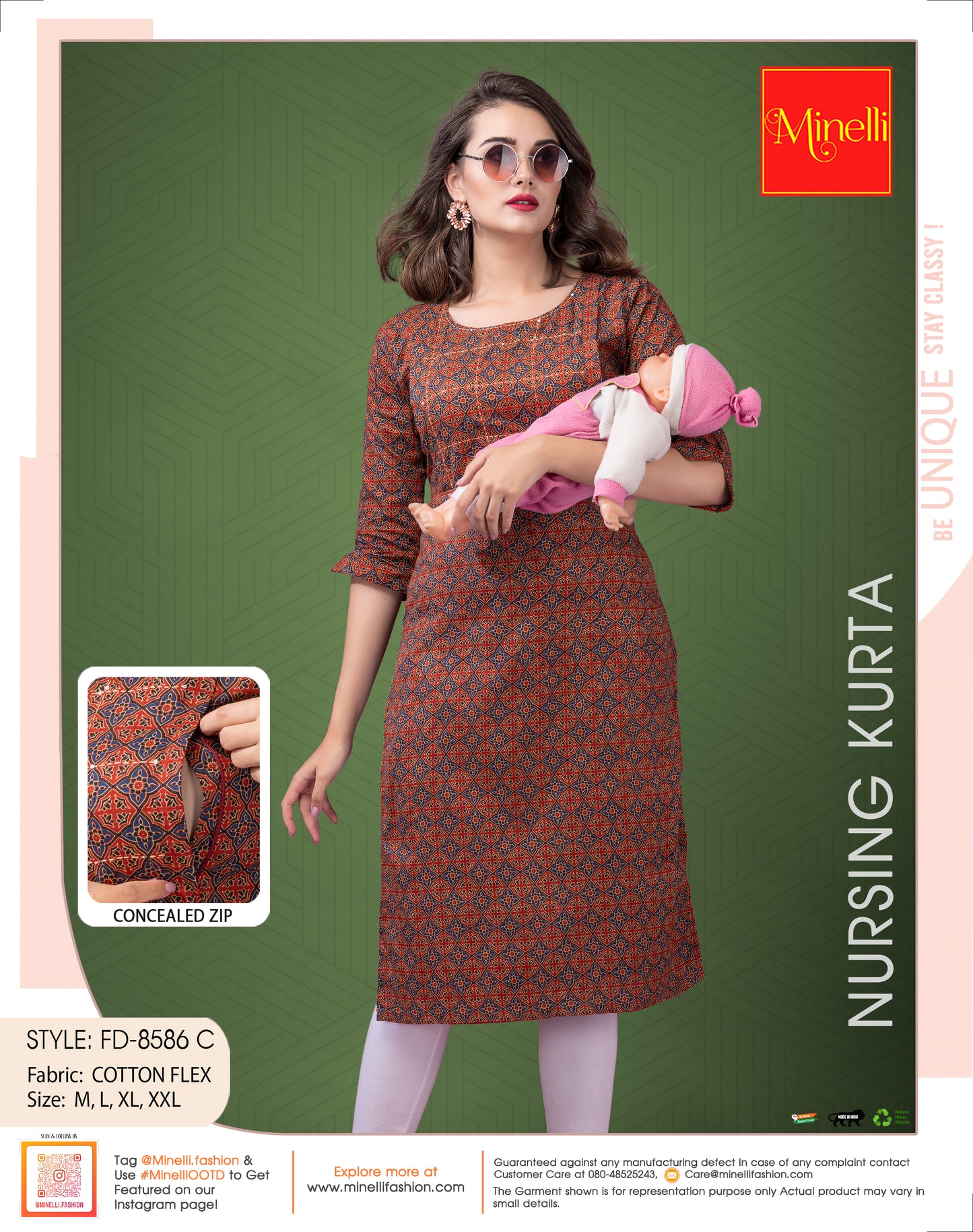 Red-Colored Cotton Flex Printed Feeding Kurta