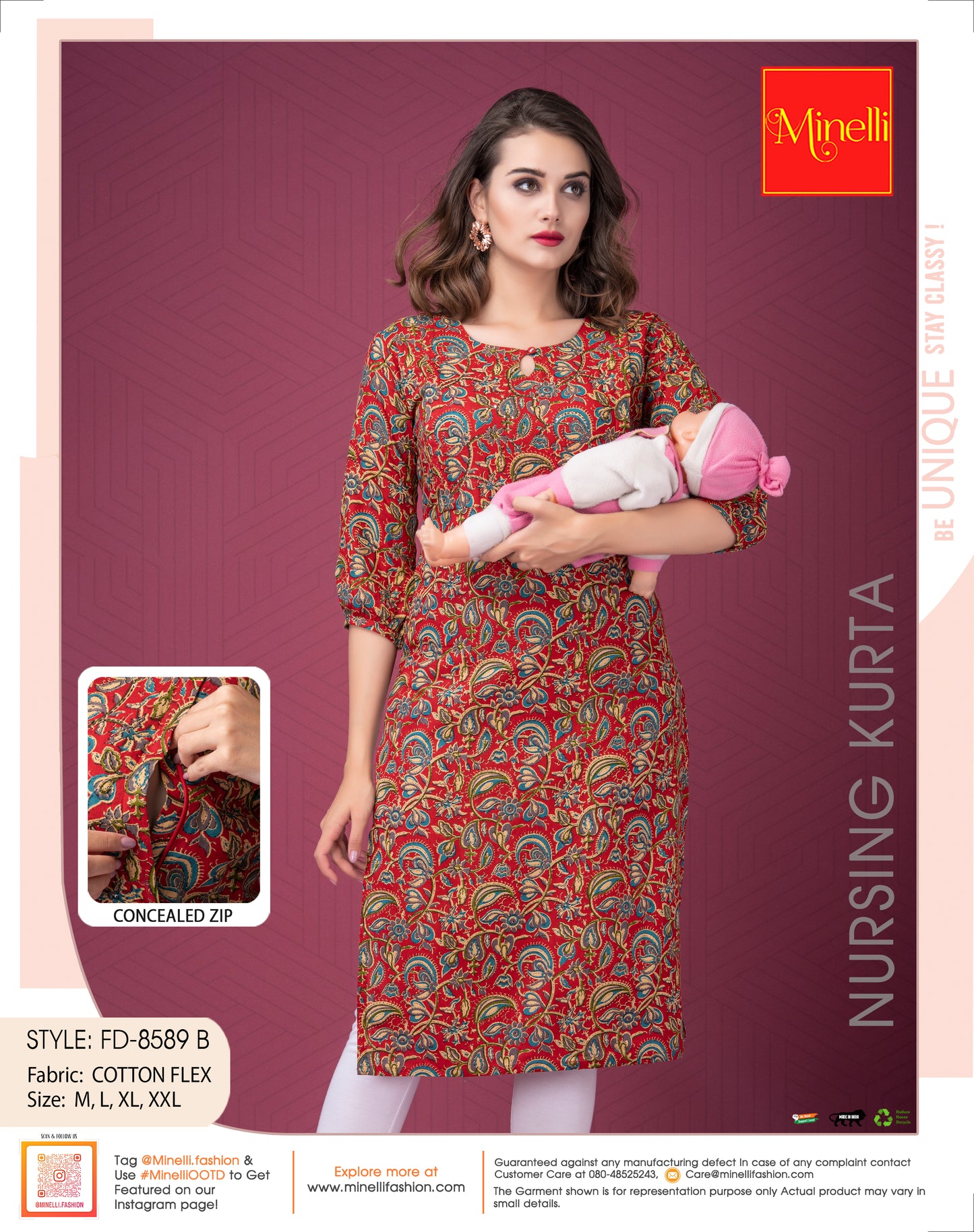 Red-Colored Cotton Flex Printed Feeding Kurta