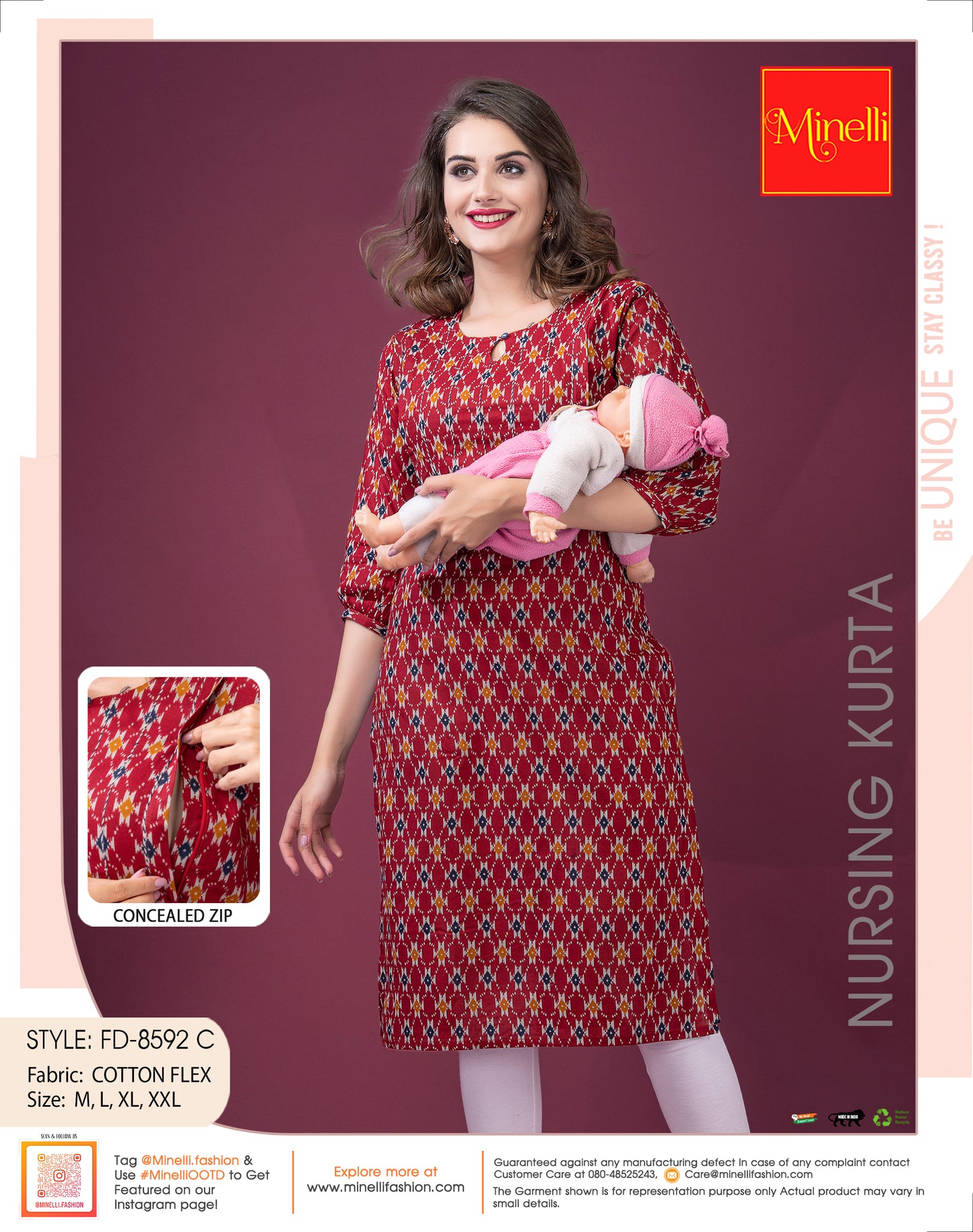 Red-Colored Cotton Flex Printed Feeding Kurta