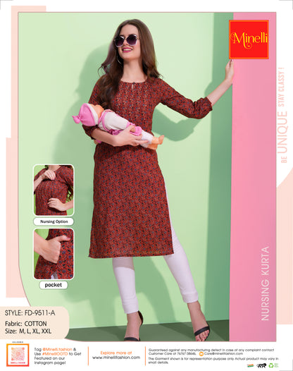 Womens Red-Colored Printed Feeding Kurta