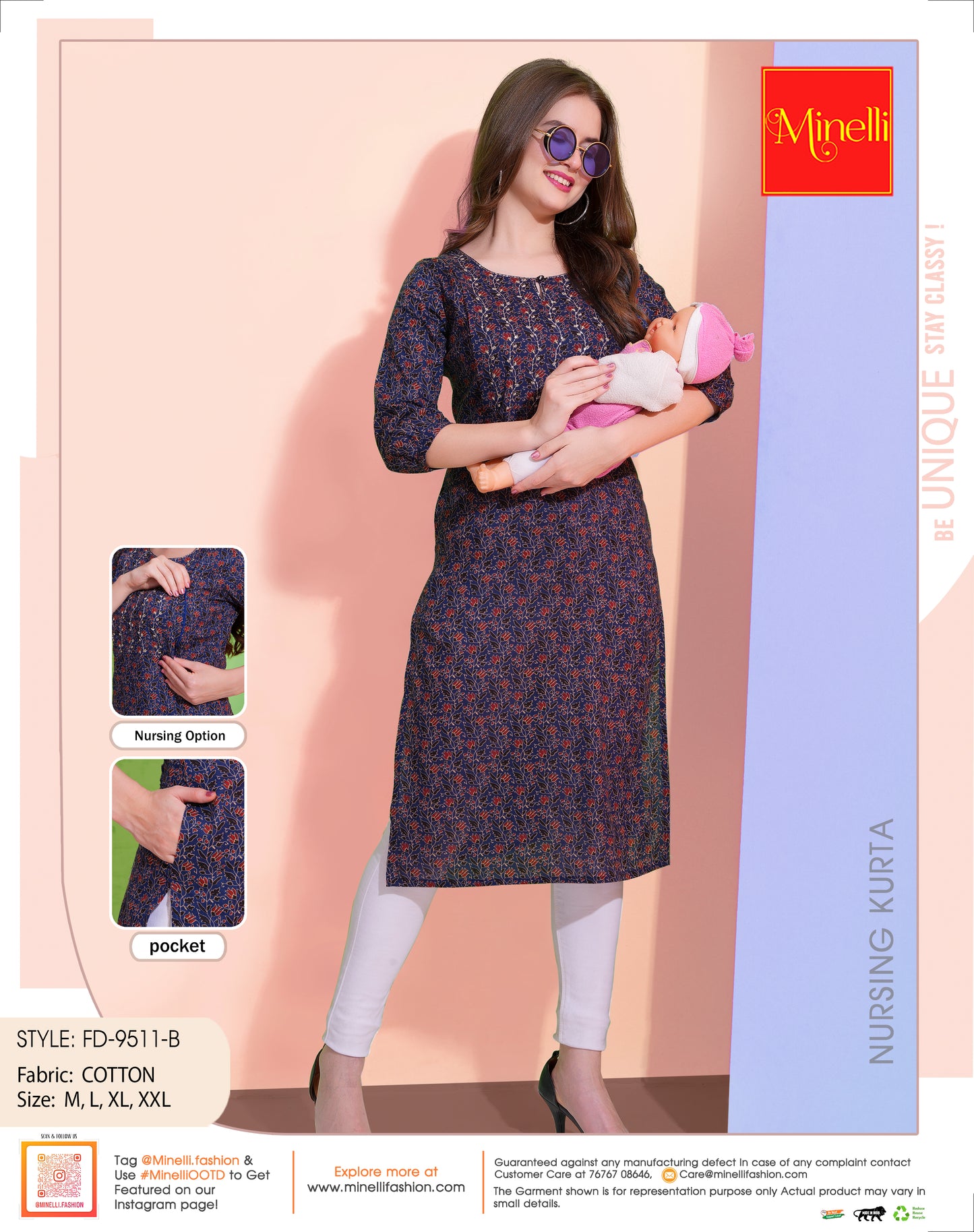 Womens Navy-Colored Printed Feeding Kurta