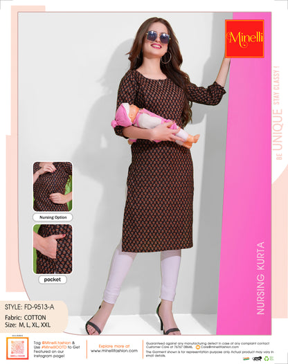 Womens Black-Colored Printed Feeding Kurta