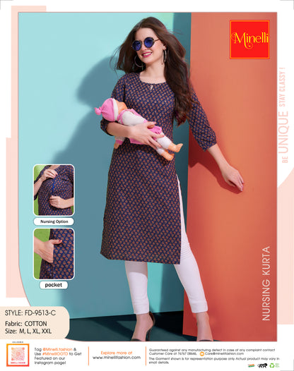 Womens Navy-Colored Printed Feeding Kurta