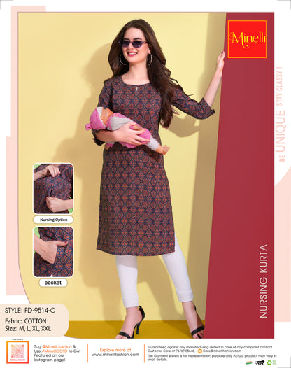 Womens Navy-Colored Printed Feeding Kurta