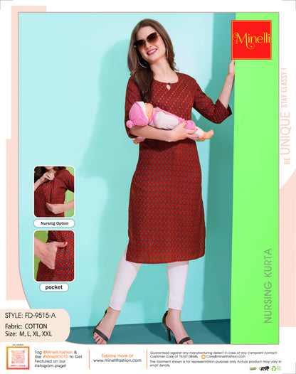 Womens Red-Colored Printed Feeding Kurta