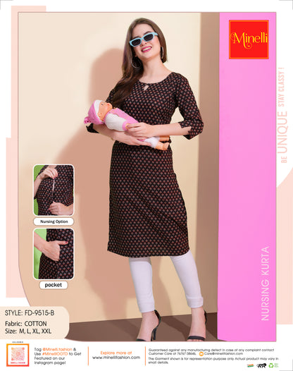 Womens Black-Colored Printed Feeding Kurta