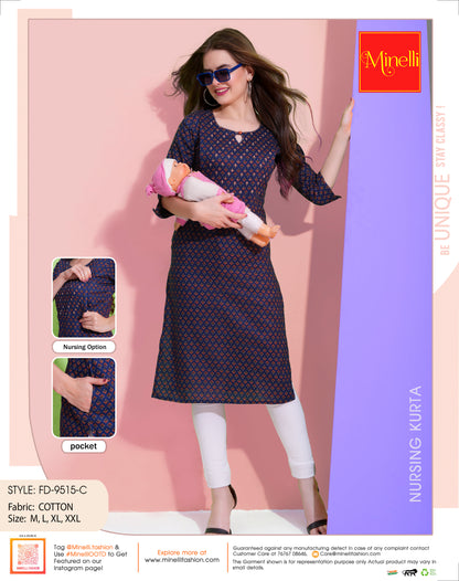 Womens Navy-Colored Printed Feeding Kurta