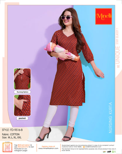 Womens Red-Colored Printed Feeding Kurta