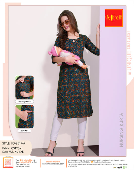 Womens Indigo-Colored Printed Feeding Kurta