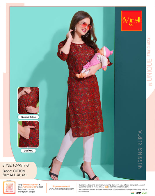 Womens Red-Colored Printed Feeding Kurta