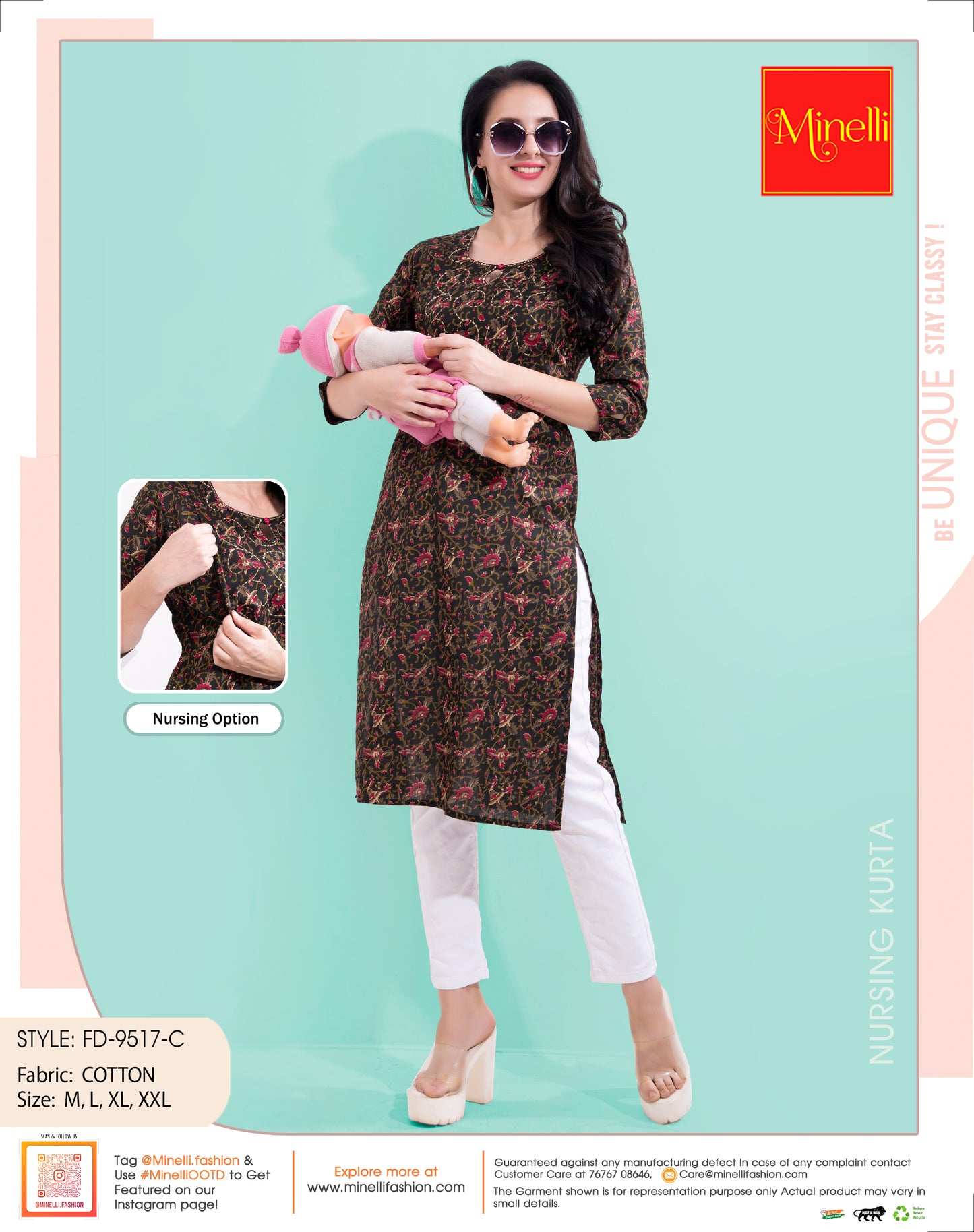 Womens Black-Colored Printed Feeding Kurta