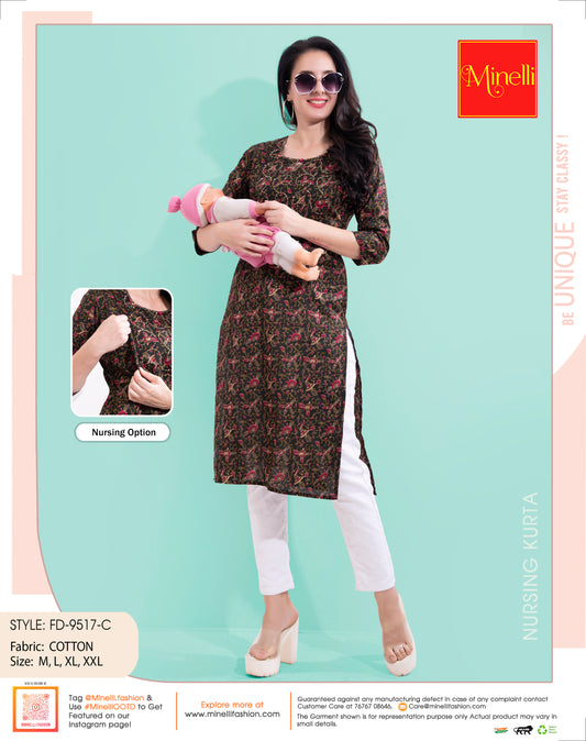 Womens Black-Colored Printed Feeding Kurta