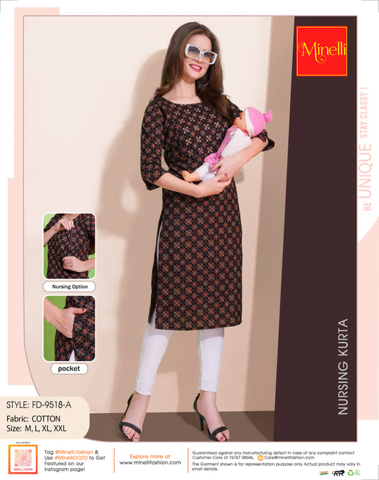 Womens Coffee-Colored Printed Feeding Kurta