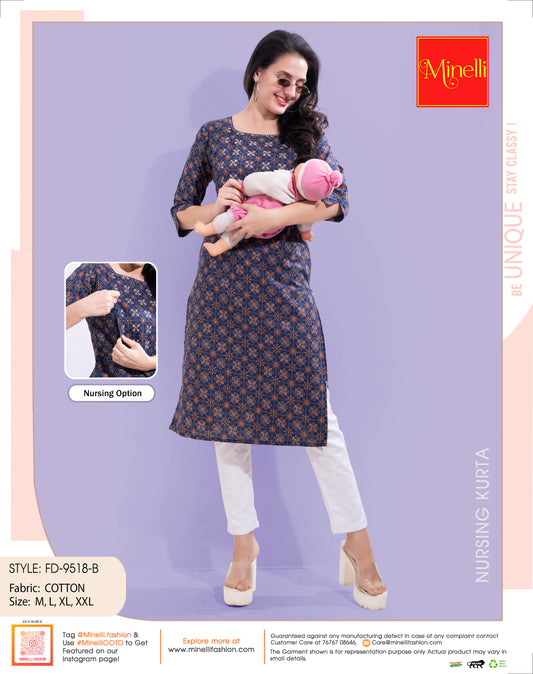 Womens Navy-Colored Printed Feeding Kurta