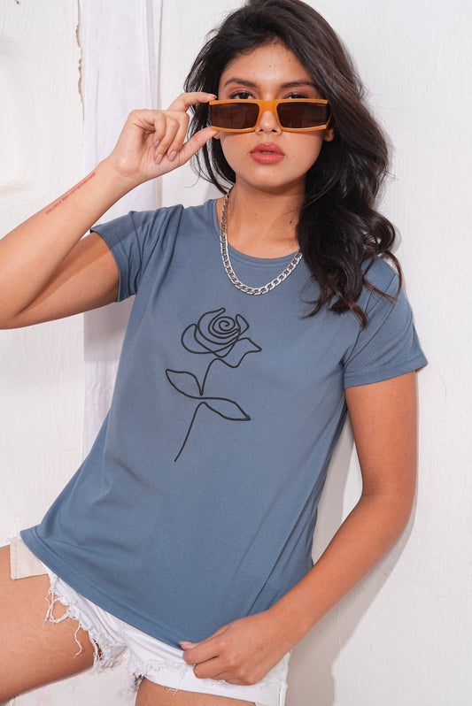 Greyish Blue Round Neck Active Tees