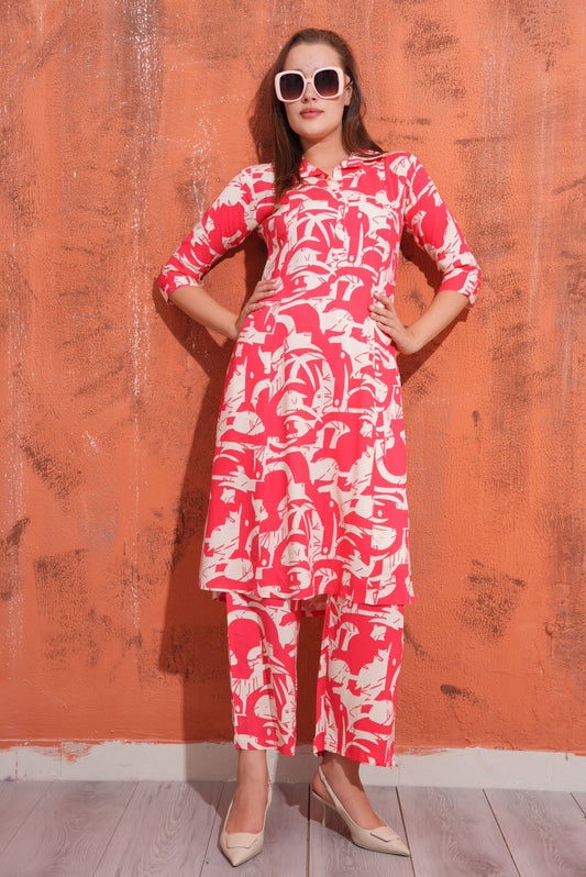 Coral-Colored Printed Kurti Pant Set