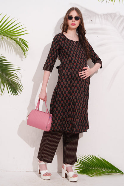 Womens Maternity Kurti Pant Set - Black
